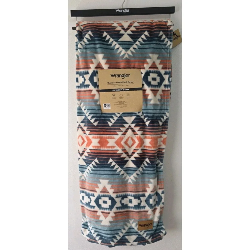 Wrangler Ultra Plush Fleece Blue Coral Blanket Full/Queen Oversized‎ Aztec NEW